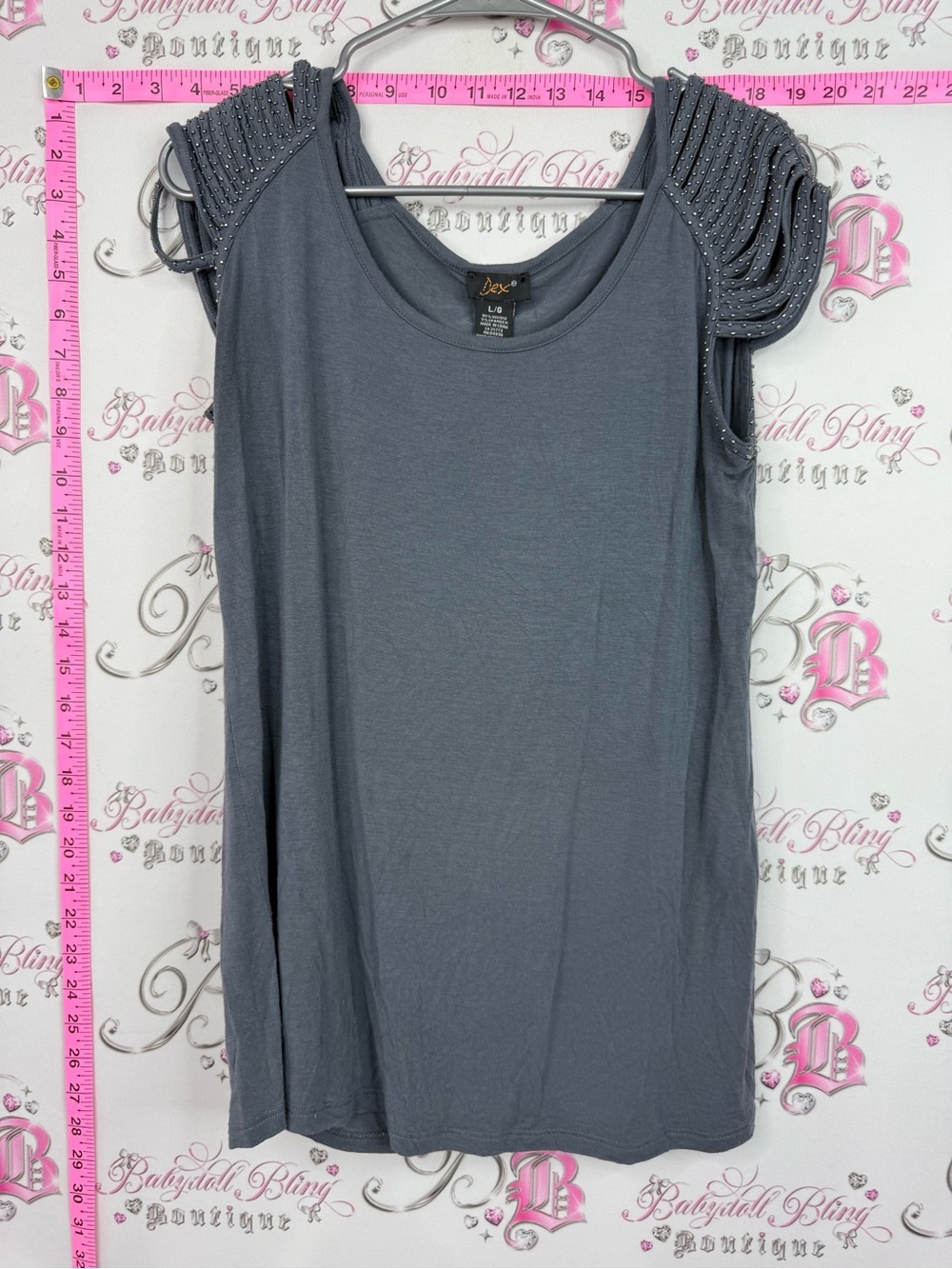 Dex Gray Sleeveless Tank with Beaded Ruched Shoulders beads
